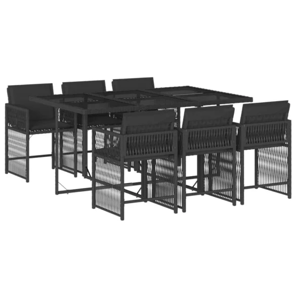 7 részes fekete polyrattan kerti étkezőgarnitúra párnával