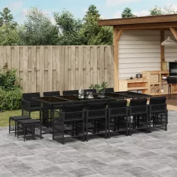   15 részes fekete polyrattan kerti étkezőgarnitúra párnákkal