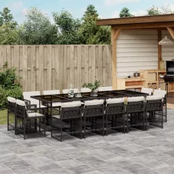   15 részes fekete polyrattan kerti étkezőgarnitúra párnákkal