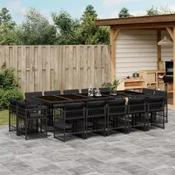   15 részes fekete polyrattan kerti étkezőgarnitúra párnákkal