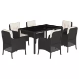 7 részes fekete polyrattan kerti étkezőgarnitúra párnával