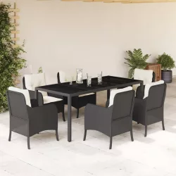   7 részes fekete polyrattan kerti étkezőgarnitúra párnával