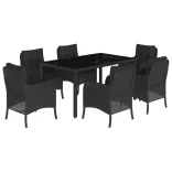 7 részes fekete polyrattan kerti étkezőgarnitúra párnával