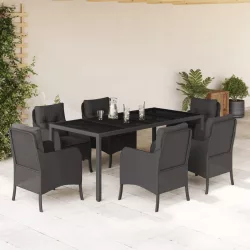   7 részes fekete polyrattan kerti étkezőgarnitúra párnával
