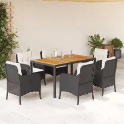  7 részes fekete polyrattan kerti étkezőgarnitúra párnával