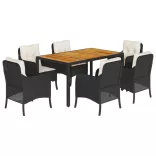 7 részes fekete polyrattan kerti étkezőgarnitúra párnával