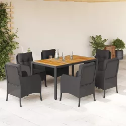   7 részes fekete polyrattan kerti étkezőgarnitúra párnával