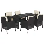 7 részes fekete polyrattan kerti étkezőgarnitúra párnával