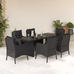   7 részes fekete polyrattan kerti étkezőgarnitúra párnával
