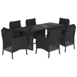 7 részes fekete polyrattan kerti étkezőgarnitúra párnával