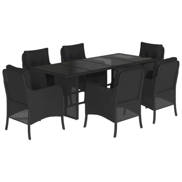 7 részes fekete polyrattan kerti étkezőgarnitúra párnával