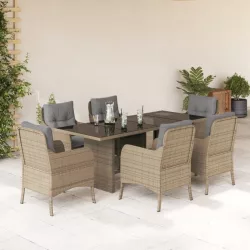   7 részes bézs polyrattan kerti étkezőgarnitúra párnákkal
