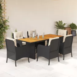   7 részes fekete polyrattan kerti étkezőgarnitúra párnával