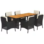 7 részes fekete polyrattan kerti étkezőgarnitúra párnával