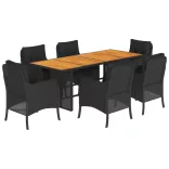7 részes fekete polyrattan kerti étkezőgarnitúra párnával