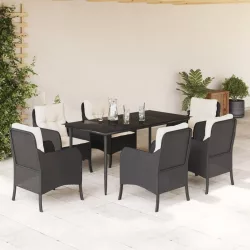   7 részes fekete polyrattan kerti étkezőgarnitúra párnával