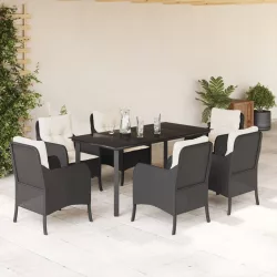   7 részes fekete polyrattan kerti étkezőgarnitúra párnával