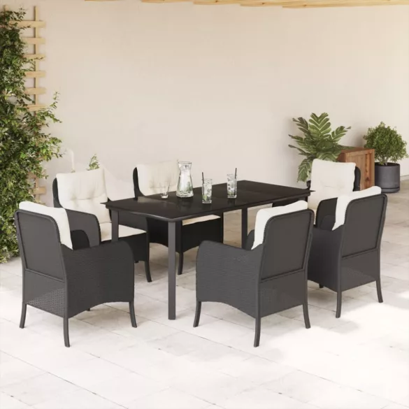 7 részes fekete polyrattan kerti étkezőgarnitúra párnával
