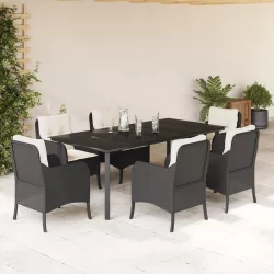   7 részes fekete polyrattan kerti étkezőgarnitúra párnával