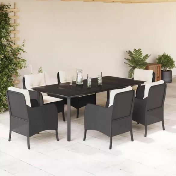 7 részes fekete polyrattan kerti étkezőgarnitúra párnával