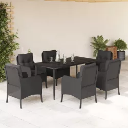   7 részes fekete polyrattan kerti étkezőgarnitúra párnával