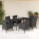 7 részes fekete polyrattan kerti étkezőgarnitúra párnával