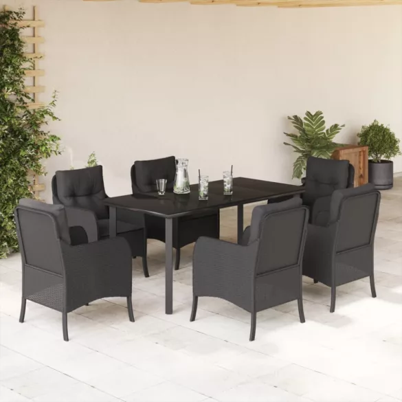 7 részes fekete polyrattan kerti étkezőgarnitúra párnával