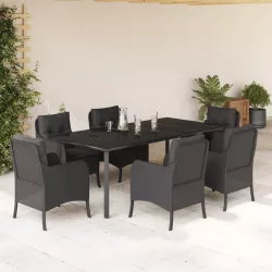   7 részes fekete polyrattan kerti étkezőgarnitúra párnával