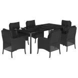 7 részes fekete polyrattan kerti étkezőgarnitúra párnával