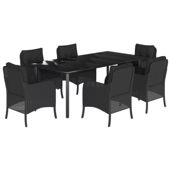 7 részes fekete polyrattan kerti étkezőgarnitúra párnával