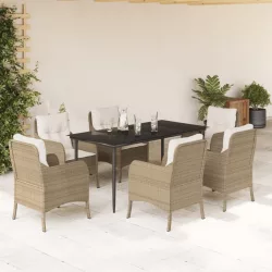   7 részes bézs polyrattan kerti étkezőgarnitúra párnákkal