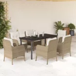 7 részes bézs polyrattan kerti étkezőgarnitúra párnákkal