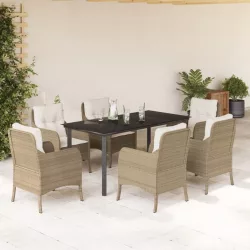   7 részes bézs polyrattan kerti étkezőgarnitúra párnákkal