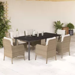  7 részes bézs polyrattan kerti étkezőgarnitúra párnákkal