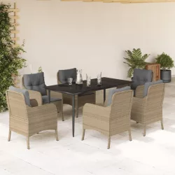   7 részes bézs polyrattan kerti étkezőgarnitúra párnákkal