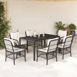   7 részes fekete polyrattan kerti étkezőgarnitúra párnával