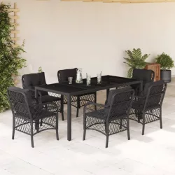   7 részes fekete polyrattan kerti étkezőgarnitúra párnával