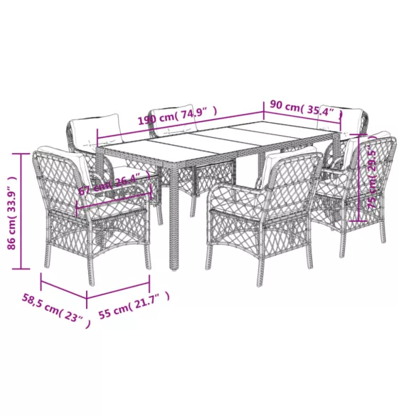 7 részes szürke polyrattan kerti étkezőgarnitúra párnával