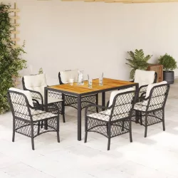   7 részes fekete polyrattan kerti étkezőgarnitúra párnával