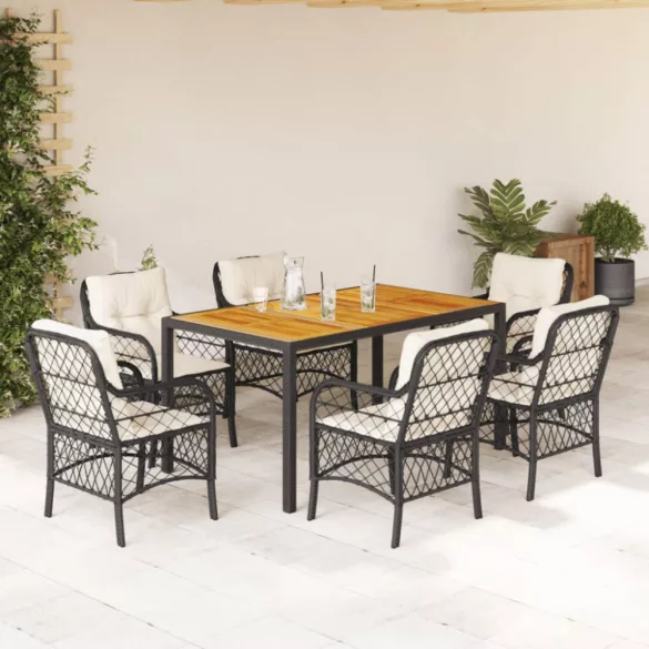 7 részes fekete polyrattan kerti étkezőgarnitúra párnával