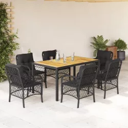   7 részes fekete polyrattan kerti étkezőgarnitúra párnával