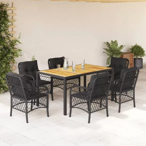 7 részes fekete polyrattan kerti étkezőgarnitúra párnával