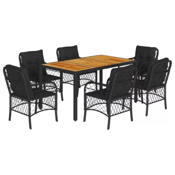 7 részes fekete polyrattan kerti étkezőgarnitúra párnával