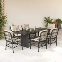   7 részes fekete polyrattan kerti étkezőgarnitúra párnával