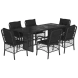 7 részes fekete polyrattan kerti étkezőgarnitúra párnával