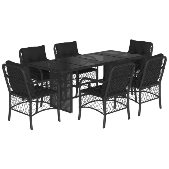 7 részes fekete polyrattan kerti étkezőgarnitúra párnával
