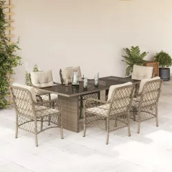   7 részes bézs polyrattan kerti étkezőgarnitúra párnákkal