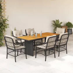   7 részes fekete polyrattan kerti étkezőgarnitúra párnával