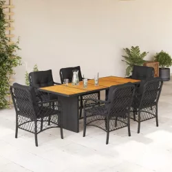   7 részes fekete polyrattan kerti étkezőgarnitúra párnával