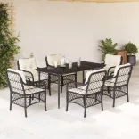 7 részes fekete polyrattan kerti étkezőgarnitúra párnával